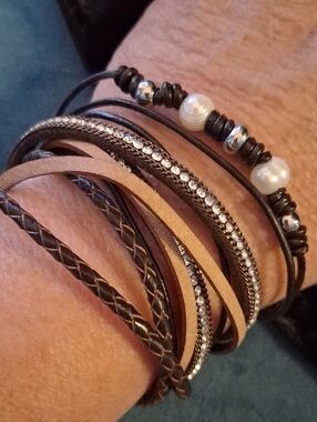 Express Brown Multi-Strand Leather Wrap Bracelet with Pearls and Rhinestones